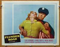 f795 PLUNDER ROAD movie lobby card #3 '57 film noir, cop grabs girl!