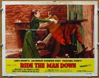 f831 RIDE THE MAN DOWN movie lobby card #8 '52 Ella Raines beats man!