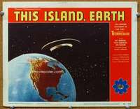 f940 THIS ISLAND EARTH movie lobby card #5 '55 space ship over Earth!