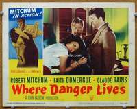 g013 WHERE DANGER LIVES movie lobby card #3 '50 Bob Mitchum, Domergue