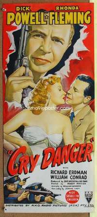 h840 CRY DANGER Australian daybill movie poster '51 Dick Powell, film noir!