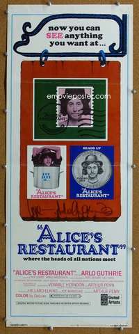 j573 ALICE'S RESTAURANT signed insert movie poster '69 Arlo Guthrie!