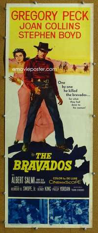 j605 BRAVADOS insert movie poster '58 Gregory Peck, Joan Collins