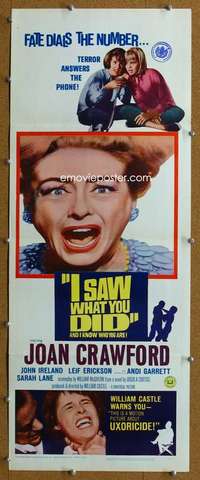 j728 I SAW WHAT YOU DID insert movie poster '65 Joan Crawford, Ireland