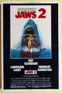 k699 JAWS 2 one-sheet movie poster '78 Roy Scheider, man-eating shark!