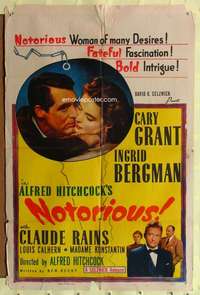 k536 NOTORIOUS one-sheet movie poster R54 Cary Grant, Ingrid Bergman