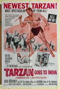 k213 TARZAN GOES TO INDIA one-sheet movie poster '62 Jock Mahoney w/knife!