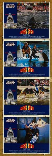 q601 JAWS 3-D 4 movie lobby cards '83 Great White Shark horror!