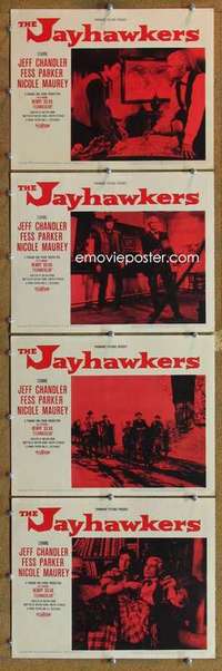 q602 JAYHAWKERS 4 movie lobby cards '59 Jeff Chandler, Fess Parker