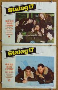 q973 STALAG 17 2 movie lobby cards '53 William Holden, Billy Wilder