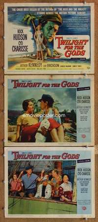 q809 TWILIGHT FOR THE GODS 3 movie lobby cards '58 Rock Hudson, Charisse