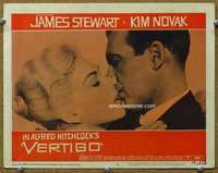 q026 VERTIGO movie lobby card #2 '58 James Stewart kisses Kim Novak!