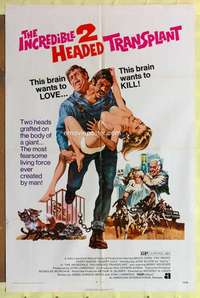 r431 INCREDIBLE TWO HEADED TRANSPLANT one-sheet movie poster '71 wacky!