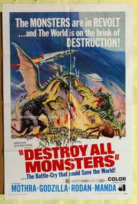 s264 DESTROY ALL MONSTERS one-sheet movie poster '69 Godzilla, Japanese!
