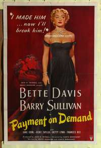 s615 PAYMENT ON DEMAND one-sheet movie poster '51 classic Bette Davis image