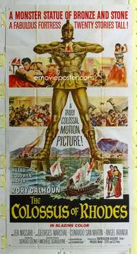 t008 COLOSSUS OF RHODES three-sheet movie poster '61 Leone, monster statue!