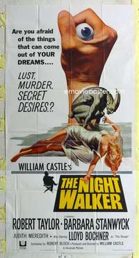 t024 NIGHT WALKER three-sheet movie poster '65 William Castle, Stanwyck