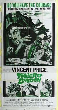t029 TOWER OF LONDON three-sheet movie poster '62 Vincent Price, Corman