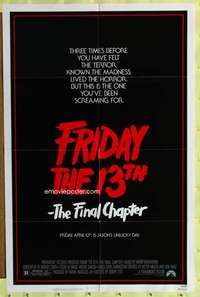 t632 FRIDAY THE 13th 4 one-sheet movie poster '84 The Final Chapter!