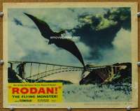 t188 RODAN movie lobby card #3 '56 cool monster flying over bridge!