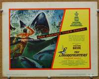t189 SHARKFIGHTERS movie title lobby card '56 Victor Mature vs tiger shark!