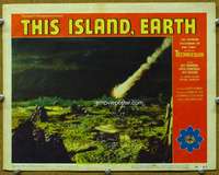 t165 THIS ISLAND EARTH movie lobby card #7 '55 destruction from sky!