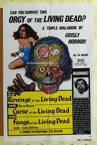 t729 ORGY OF THE LIVING DEAD one-sheet movie poster '72 zombie triple bill!