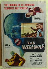 t821 WEREWOLF one-sheet movie poster '56 great wolf-man horror image!