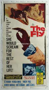 w004 FLY linen three-sheet movie poster '58 Vincent Price, classic sci-fi!