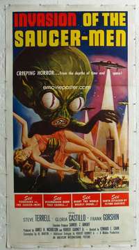 w007 INVASION OF THE SAUCER MEN linen three-sheet movie poster '57 AIP!