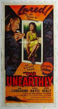 w009 UNEARTHLY linen three-sheet movie poster '57 John Carradine, Allison Hayes