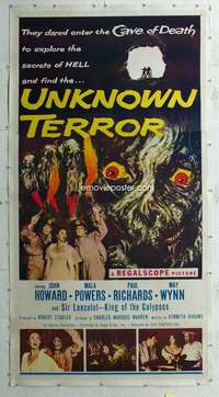 w010 UNKNOWN TERROR linen three-sheet movie poster '57 the secrets of HELL!