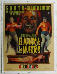 w230 LAND OF THE DEAD linen Mexican movie poster '70 wrestlers!