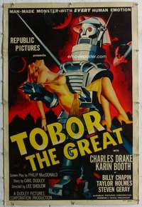 w278 TOBOR THE GREAT linen one-sheet movie poster '54 funky robot sci-fi!