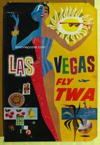 c075 FLY TWA LAS VEGAS travel poster '60s gambling art!