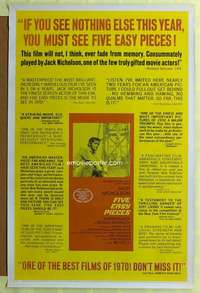 d174 FIVE EASY PIECES reviews 27x41 one-sheet movie poster '70 Nicholson, Rafelson
