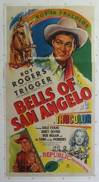 e007 BELLS OF SAN ANGELO linen three-sheet movie poster '47 Roy Rogers, Evans