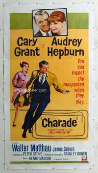 e013 CHARADE linen three-sheet movie poster '63 Cary Grant, Audrey Hepburn
