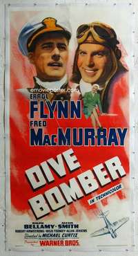 e017 DIVE BOMBER linen three-sheet movie poster '41 Errol Flynn, MacMurray