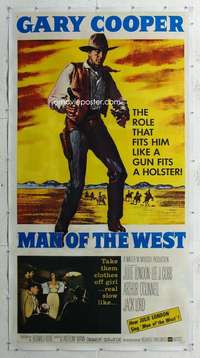 e041 MAN OF THE WEST linen three-sheet movie poster '58 tough Gary Cooper!