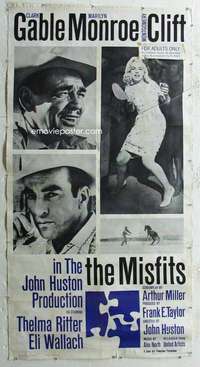 e042 MISFITS linen three-sheet movie poster '61 Clark Gable, Marilyn Monroe