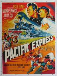 e144 UNION PACIFIC linen French one-panel movie poster R60s Stanwyck, McCrea