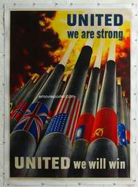 e066 UNITED WE ARE STRONG linen war poster '43 war image!