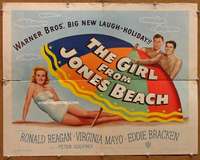 f219 GIRL FROM JONES BEACH half-sheet movie poster '49 Reagan, sexy Mayo!