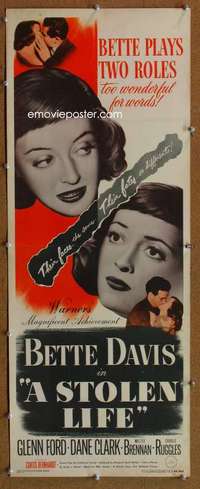 f894 STOLEN LIFE insert movie poster '46 Bette Davis, Glenn Ford