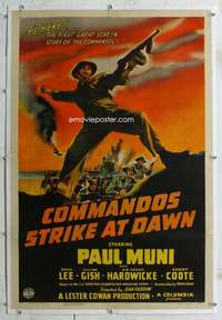 g310 COMMANDOS STRIKE AT DAWN linen style B one-sheet movie poster '42 Muni