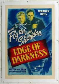 g338 EDGE OF DARKNESS linen one-sheet movie poster '42 Errol Flynn, Sheridan