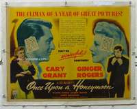 g254 ONCE UPON A HONEYMOON linen half-sheet movie poster '42 Rogers, Grant