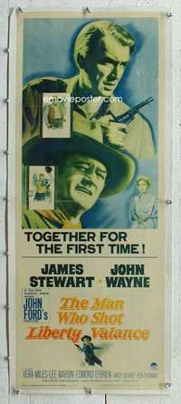 g227 MAN WHO SHOT LIBERTY VALANCE linen insert movie poster '62 Wayne, Stewart