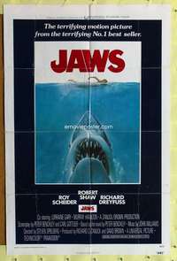 h437 JAWS int'l one-sheet movie poster '75 Steven Spielberg classic shark!